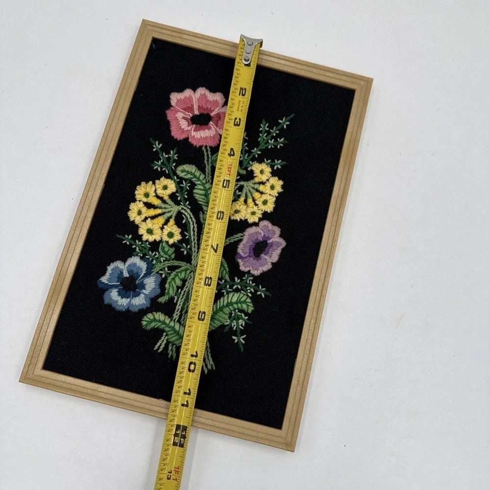 Vtg Flower Embroidered Picture Poppy Wall Art Framed Hand Made Cottagecore Boho